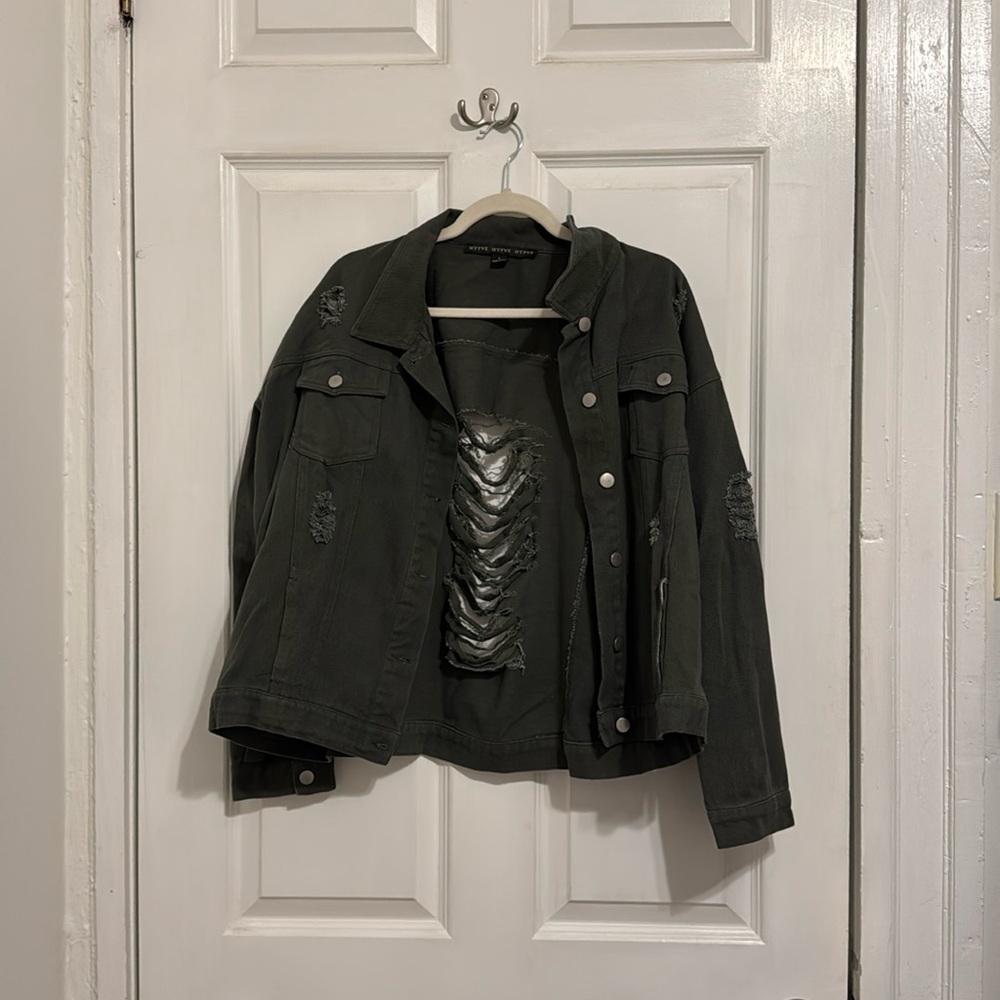 HYFVE Olive Green Distressed Jean Jacket